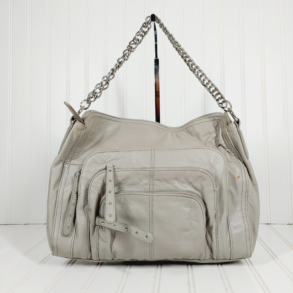 Max & Cleo Gray Leather Purse with Zippers Pockets Chain Strap Shoulder Bag 0054